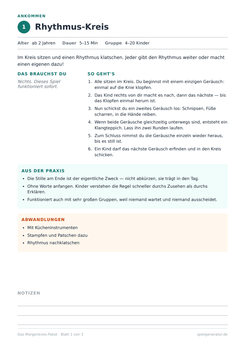Original-Spielblatt Rhythmus-Kreis aus der Morgenkreis-Leseprobe mit Material, Ablauf und Praxistipps